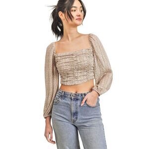 RESET BY JANE Mio Ruched Top Off Shoulder Floral Stretch Crop Top Blouse Large